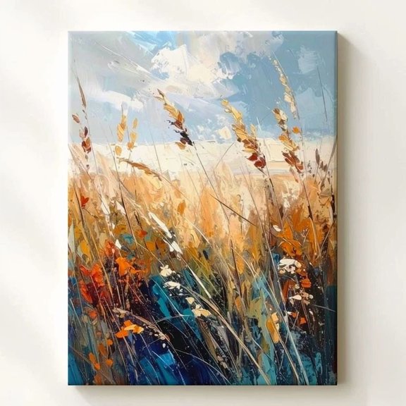 Impressionistic Wild Field Posterwindswept Grasses & Flowers Art