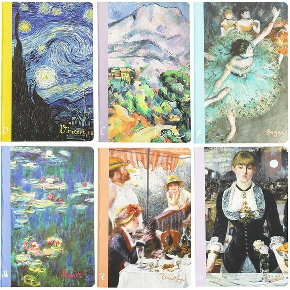 6 Pack Impressionists Pocket Lined Travel Journal, A5 Lined Art Diary Notebooks (40-Sheet each)