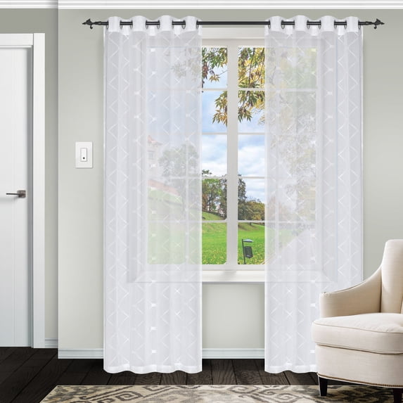 Impressions 2-Piece Kyrie Lattice Textured Sheer Curtain Panel Set with Grommet Header, White