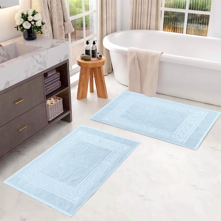 Superior Egyptian Cotton 900 GSM Greek Key Border 2-Piece Bath Mat Set, Light Blue