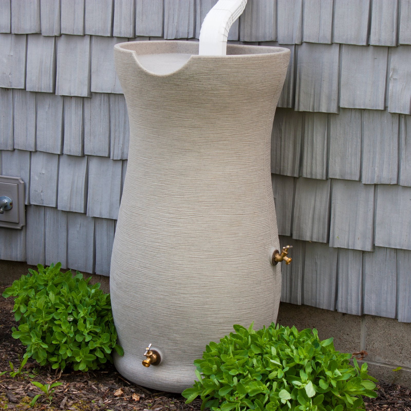 Sandstone 50 Gallon Plastic Drainable Planter Rain Barrel