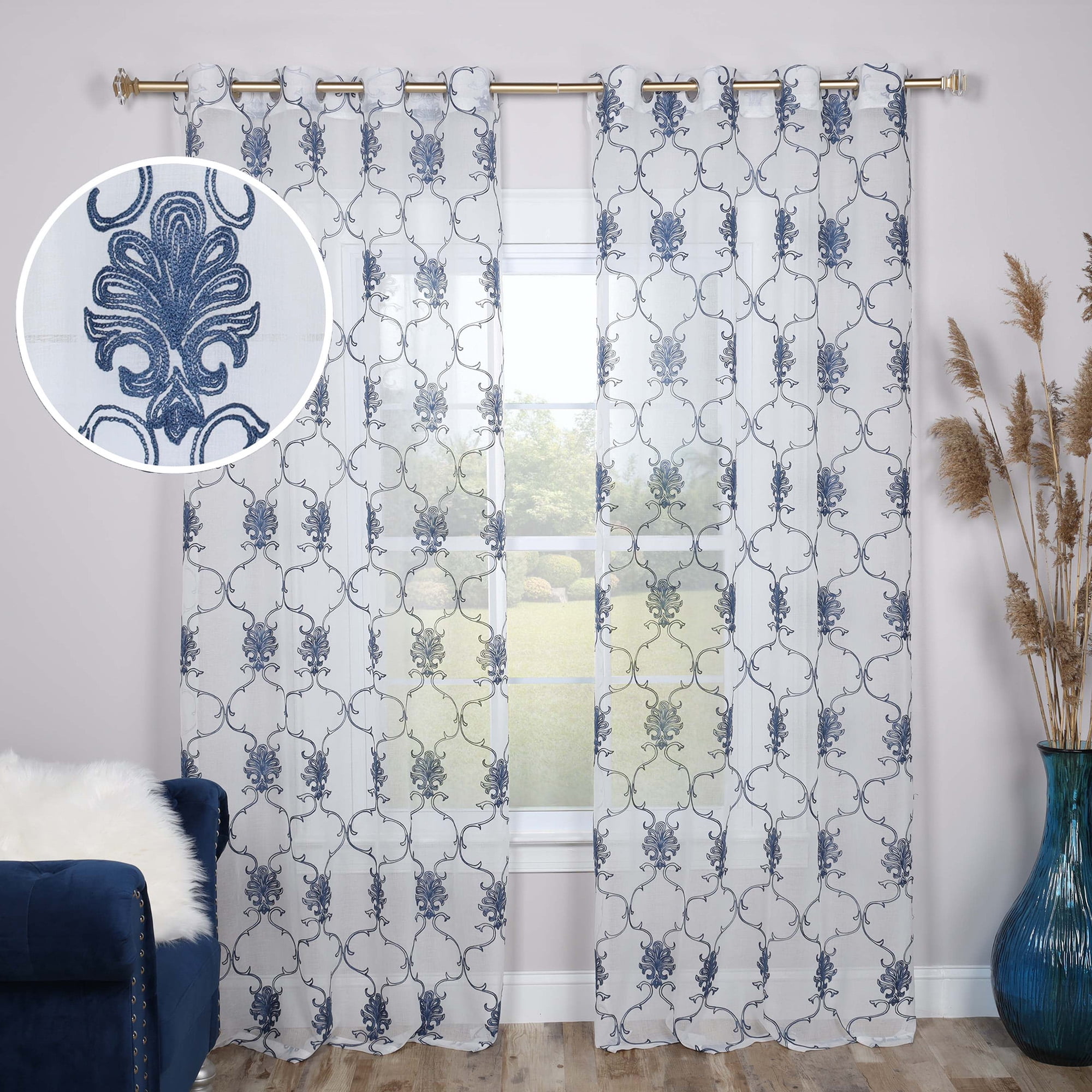 Blue Sheer Grommet Curtain Panel Set with Floral Scrolls, 52" x 108"