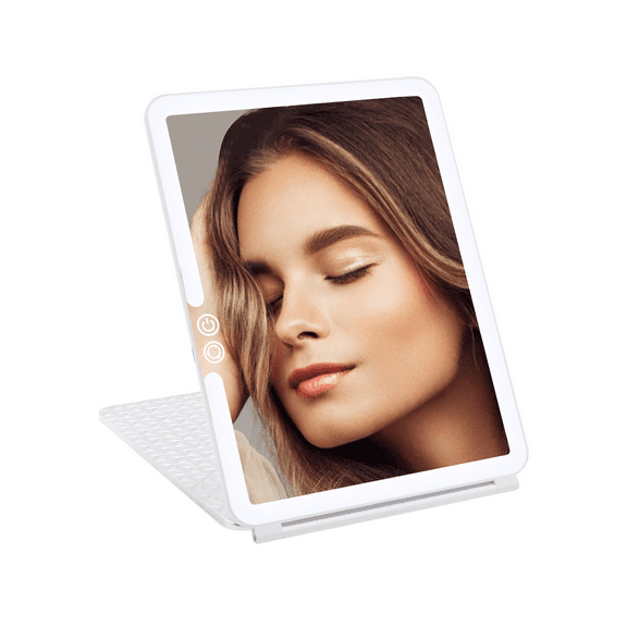 Impressions Fleur Touch Pad Tri Tone LED Makeup Mirror with Flip Cover, Smart Portable Mirror with Touch Sensor Switch and Rechargeable Battery (White)