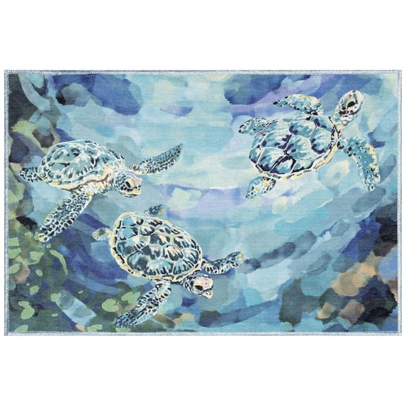 Impressions Indoor Printed Polyester Low Profile Mat - Contemporary Graphic Coastal Turtle Colorful (Seaturtles Ocean) (2'5" X 3'11")