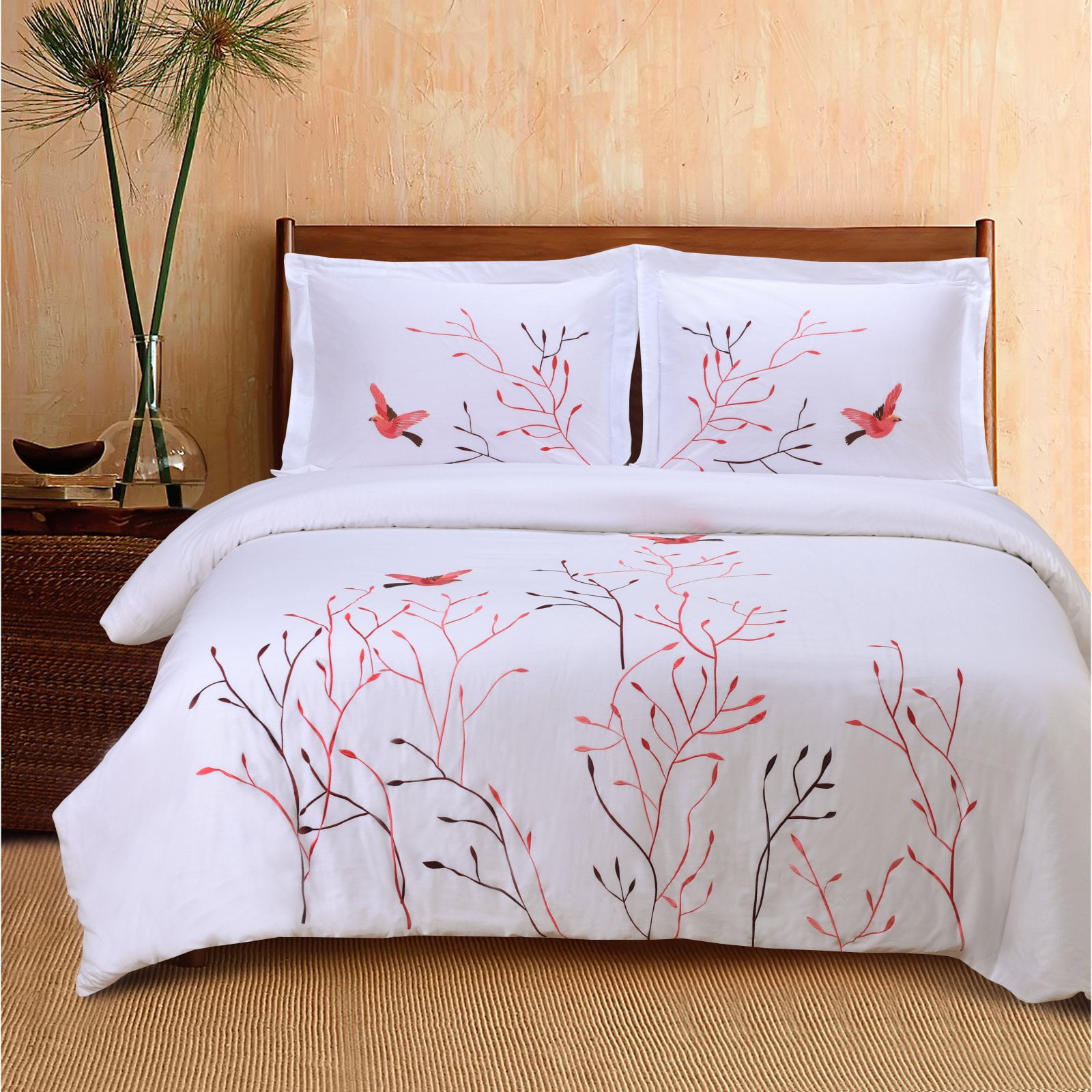 Red and White Cotton Embroidered Full/Queen Duvet Cover Set