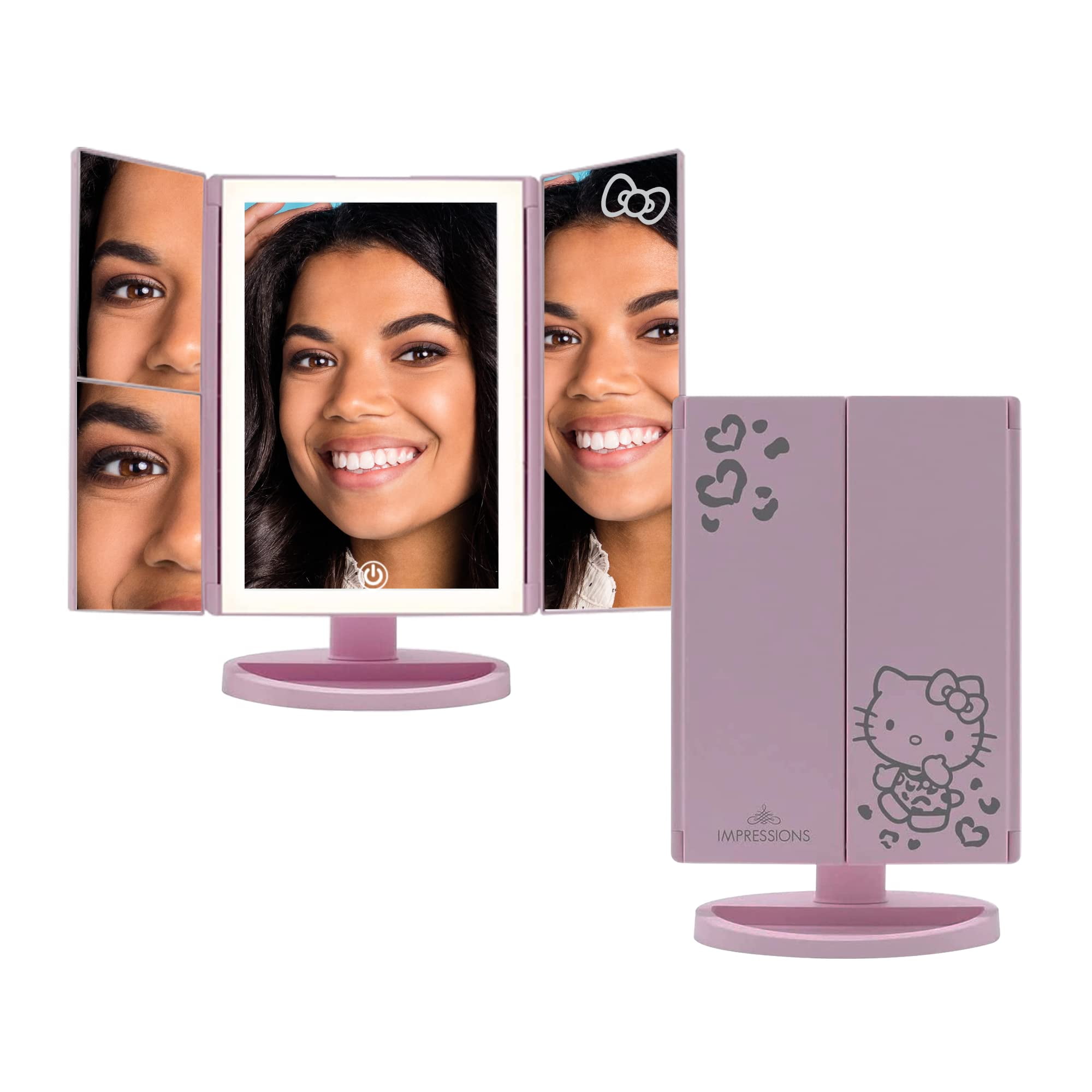 Impressions Vanity Hello Kitty Mirror with Lights, Trifold LED Tri-Tone  Makeup Mirror with Touch Sensor and Three Adjustable Mirror Panels, Makeup  Vanity Handheld Magnifying Mirror (Black) 