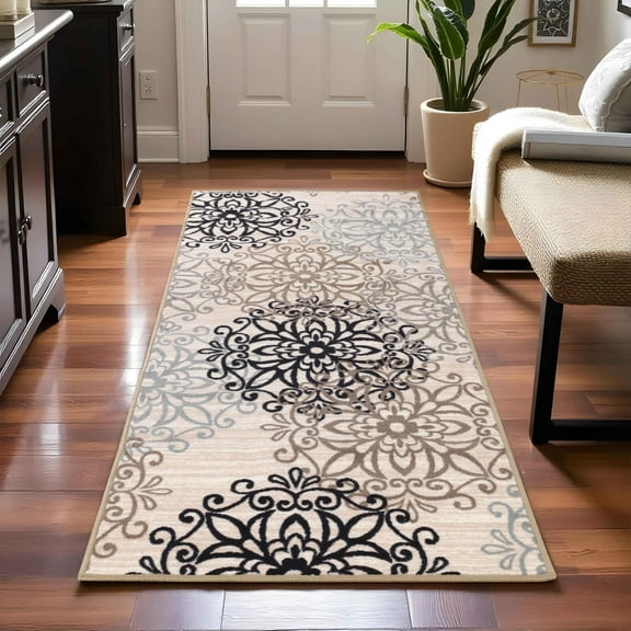 Impressions Minka Contemporary Floral Medallion Non-Slip Washable Runner Rug
