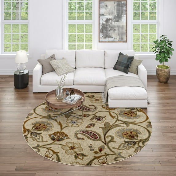 Impressions Transitional 5' Round Beige and Green Polypropylene Indoor Area Rug
