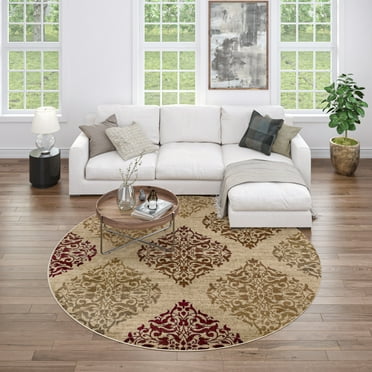 Impressions Transitional 5' Round Beige and Red Polypropylene Indoor Area Rug
