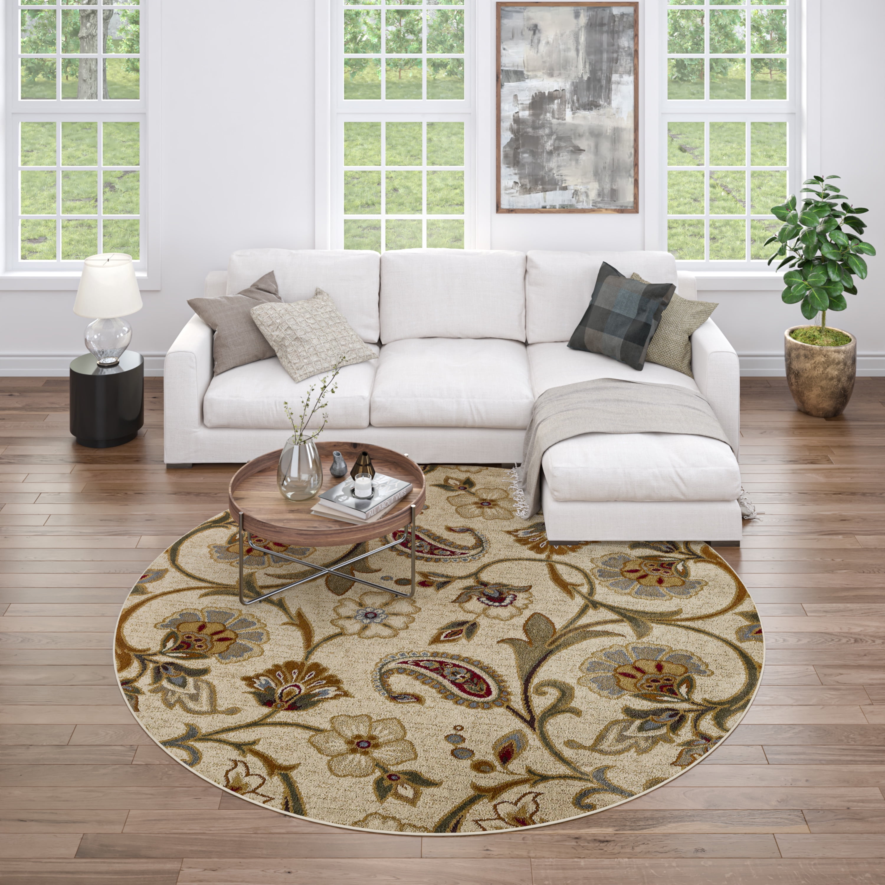 Impressions Transitional 8' Round Beige and Green Polypropylene Indoor Area Rug