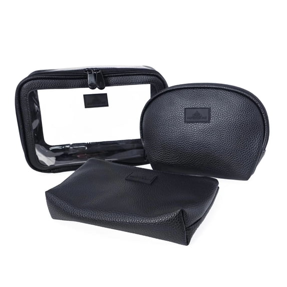 Impressions Vanity Barbados 3 Pieces Zippered Travel Makeup Bag Set, Waterproof Cosmetic Pouch (Black)