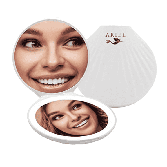 Impressions Vanity Compact Makeup Mirror Ariel Seashell with Adjustable Brightness, 2x Magnification (White)