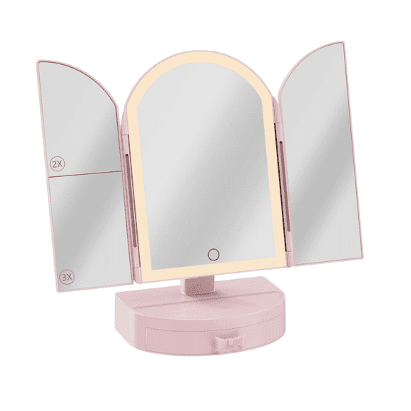 Impressions Vanity Darling Arch Trifold LED Tri Tone Makeup Mirror with Drawer, Foldable (Rose)