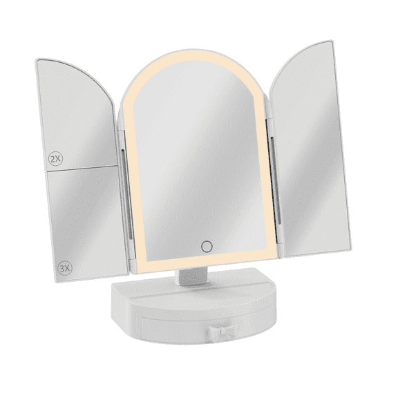 Impressions Vanity Darling Arch Trifold LED Tri Tone Makeup Mirror with Drawer, Foldable (White)