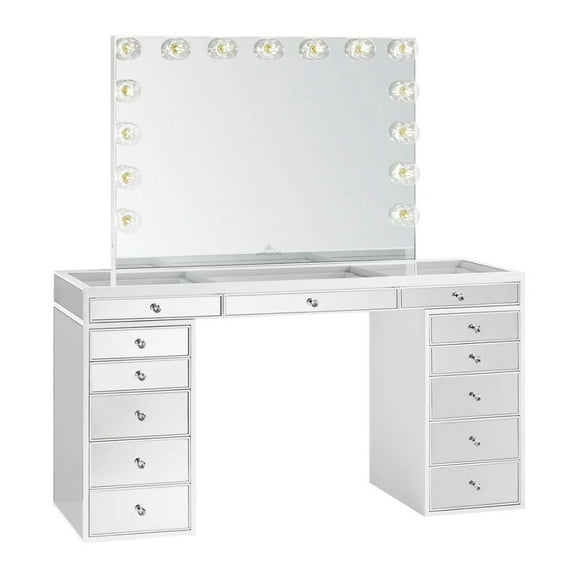Impressions Vanity Desk SlayStation Pro Premium Makeup Mirrored Vanity Dressing Table, Bundle (White)