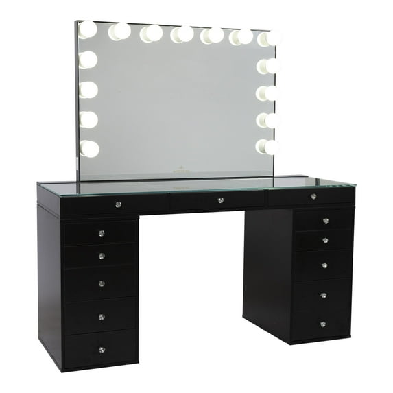 Impressions Vanity Desk, Slaystation Pro 2.0 Makeup Table with 5 Drawers Unit Bundle of Glass Top Desk, Storage, Tabletop Hollywood Vanity Mirror for Bedroom, Living Room (Pro Black)