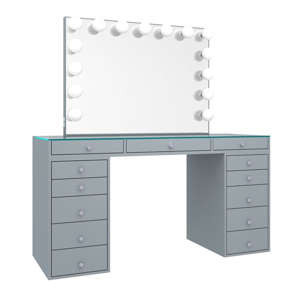 Impressions Vanity Desk, Slaystation Pro 2.0 Makeup Table with 5 Drawers Unit Bundle of Glass Top Desk, Storage, Tabletop Hollywood Vanity Mirror, Dresser Organizer for Bedroom, Living Room (Silver)