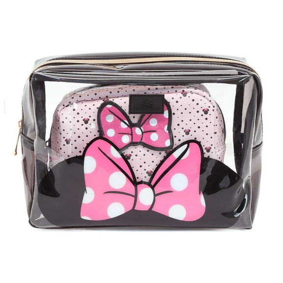 Impressions Vanity Disney Minnie Mouse 2 Pcs Clutch Set, Waterproof Travel Makeup Bag (Black/Pink)