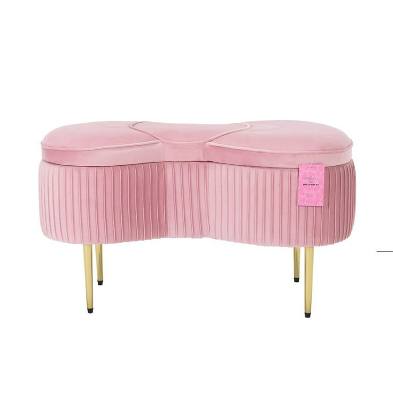Impressions Vanity Hello Kitty Bow Velvet Ottoman Bench with Storage and Gold Metal Legs Pink