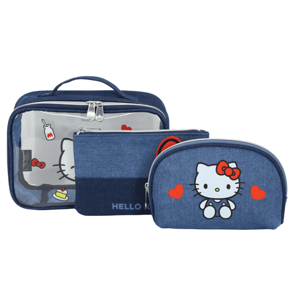 Impressions Vanity Hello Kitty Denim 3 PC Makeup Bag Set, 3 Sizes, Travel Cosmetic Bags, Beauty Storage