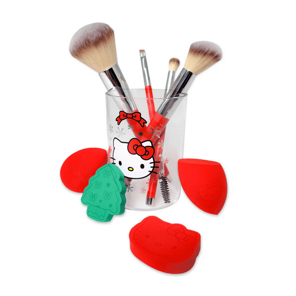 Impressions Vanity Hello Kitty Holiday Beauty Tools Bundle, Makeup Brushes, Sponges, Brush Holder (Red)