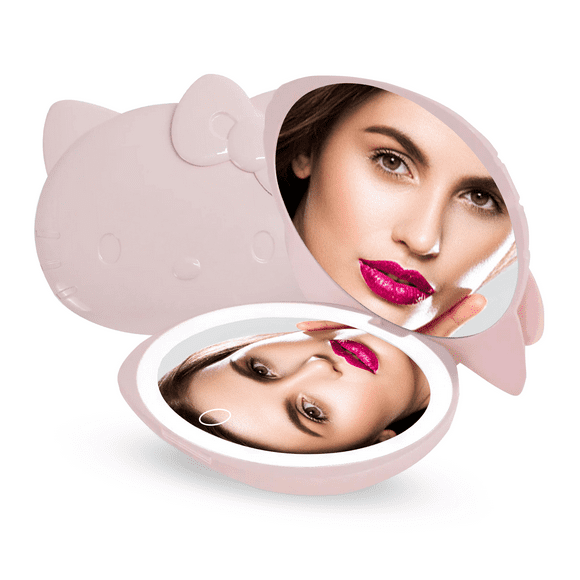 Impressions Vanity Hello Kitty Kawaii Compact Mirror, Travel Makeup Mirror with Lights (Matte Pink)