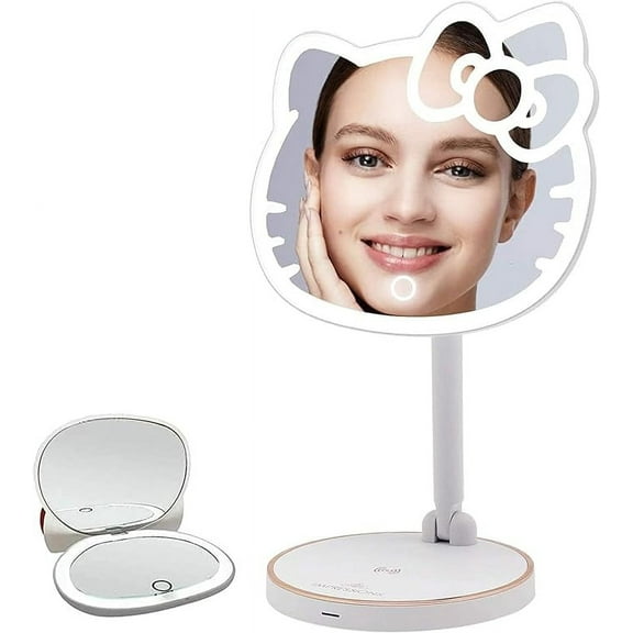 Impressions Vanity Hello Kitty Standing Lighted Makeup Mirror and Compact Mirror Bundle (White)