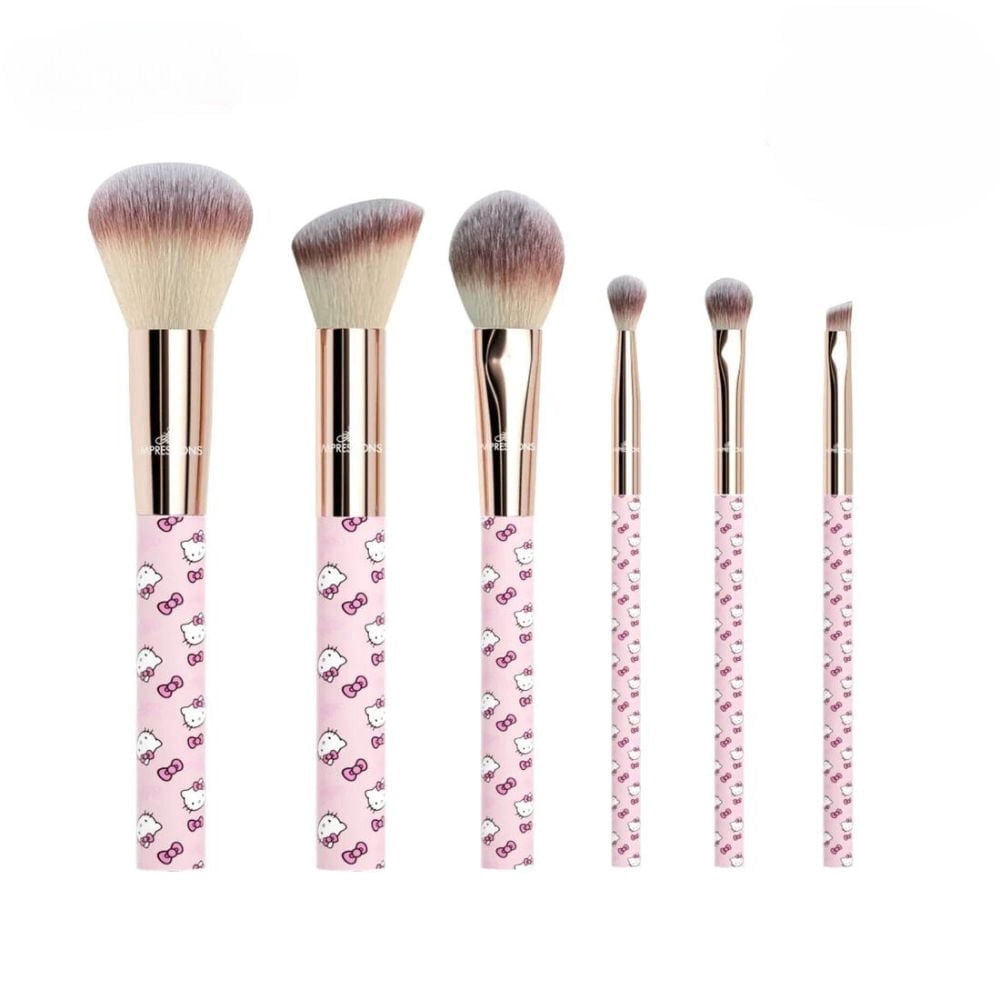 Impressions Vanity Hello Kitty Supercute Signature 6 PC Makeup Brush Set, Aluminum Ferrule (Pink)