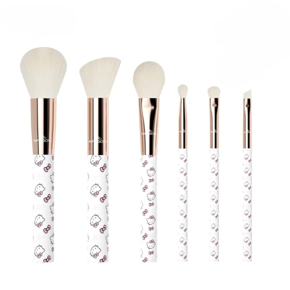 Impressions Vanity Hello Kitty Supercute Signature 6 PC Makeup Brush Set, Aluminum Ferrule (White)