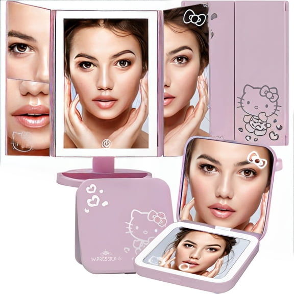 Impressions Vanity Hello Kitty Supercute Trifold Makeup Desk Mirror and Compact Mirror Bundle (Pink)