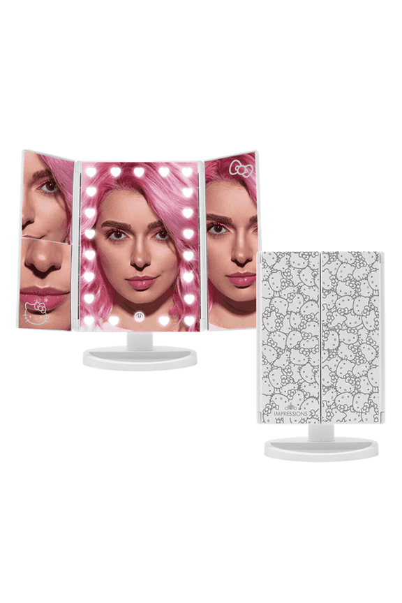 Impressions Vanity Hello Kitty Trifold LED Mirror, Desk Mirror with Lights and Touch Sensor (White)