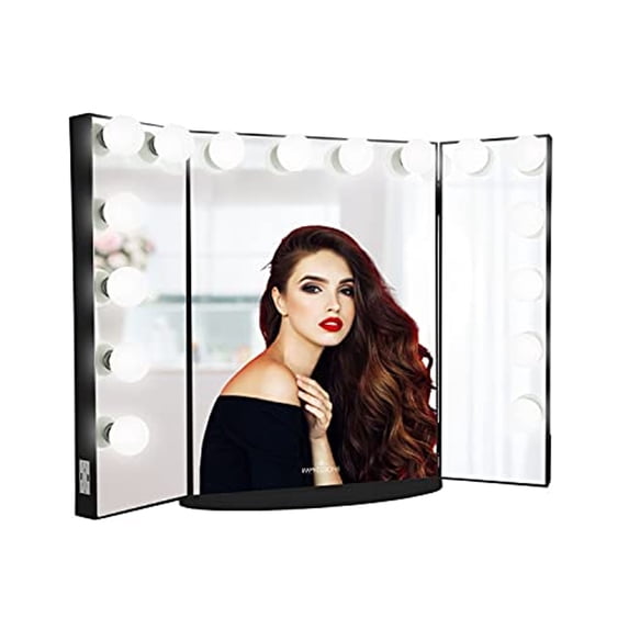 Impressions Vanity Hollywood Glow Pro Trifold Vanity Mirror with Clear LED Bulbs, Dressing Mirror with USB Charging Ports and Standing Base (Black)