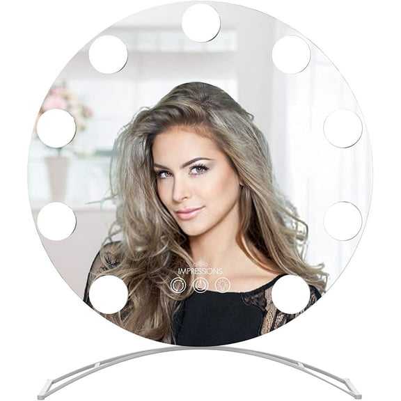 Impressions Vanity Hollywood Round Tabletop Tri Tone LED Modern Makeup Mirror, Standing Base (White)