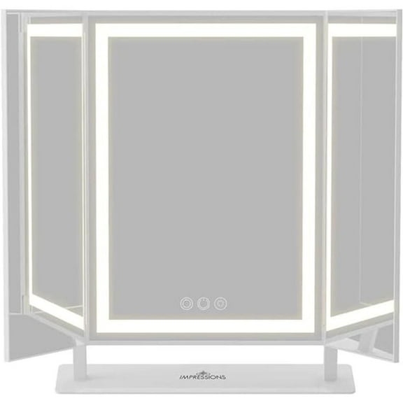 Impressions Vanity Lavish Trifold LED Tri Tone Makeup Mirror, 360 Degree Tilt Desk Mirror (White)