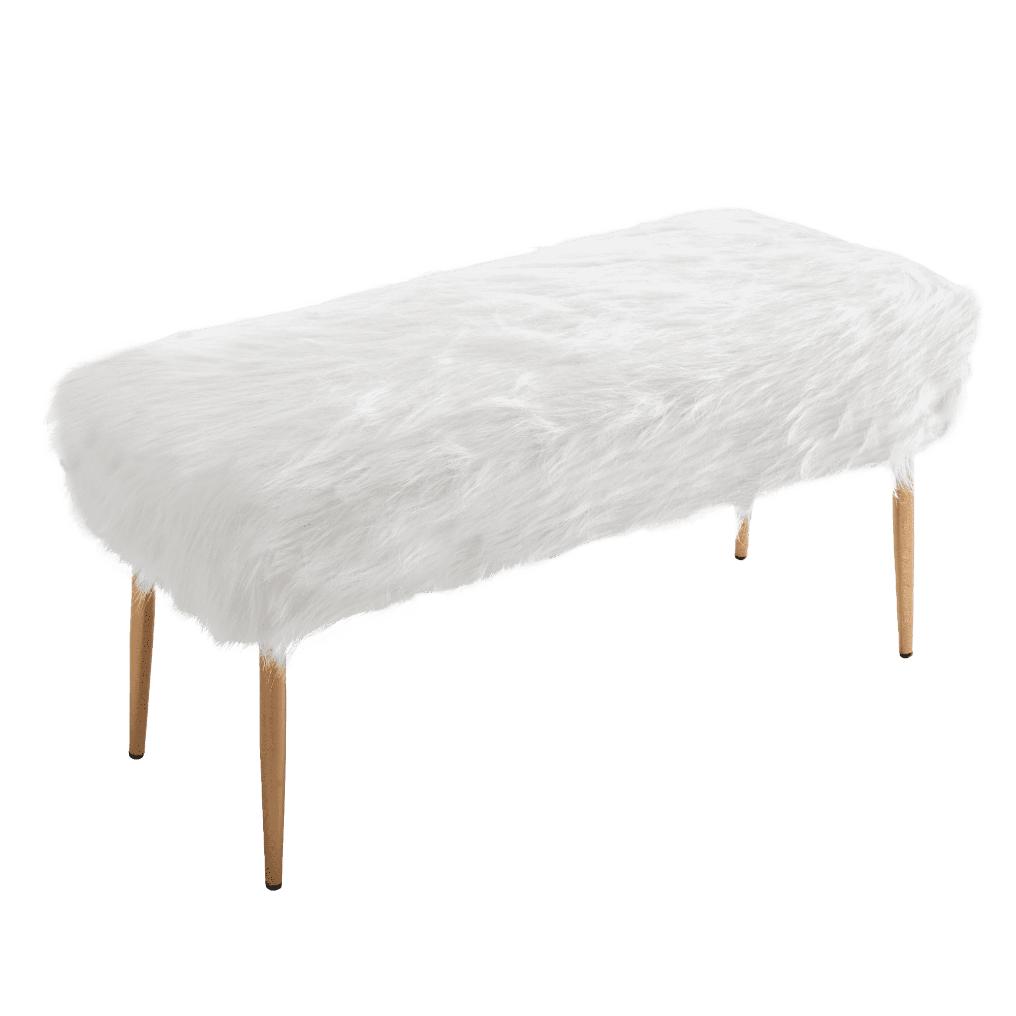 White Faux Fur Upholstered Vanity Bench with Gold Metal Legs