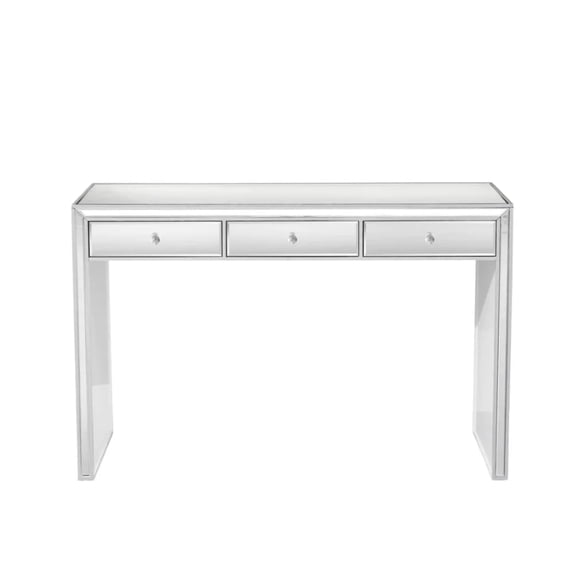 Impressions Vanity Leah Mirrored Vanity Table with Crystal Knobs Drawers Storage, Silver