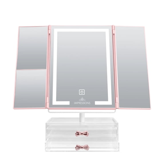 Impressions Vanity Liora Tri Tone Trifold LED Makeup Mirror with Bow Knobs 2 Organizer Drawer Base