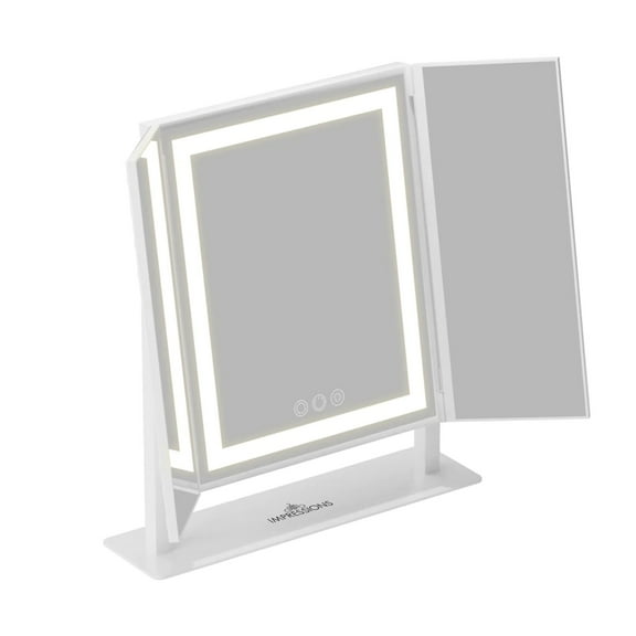 Impressions Vanity Luxury Trifold LED Tri Tone Makeup Mirror with Stand and 360 Degree Tilt (White)