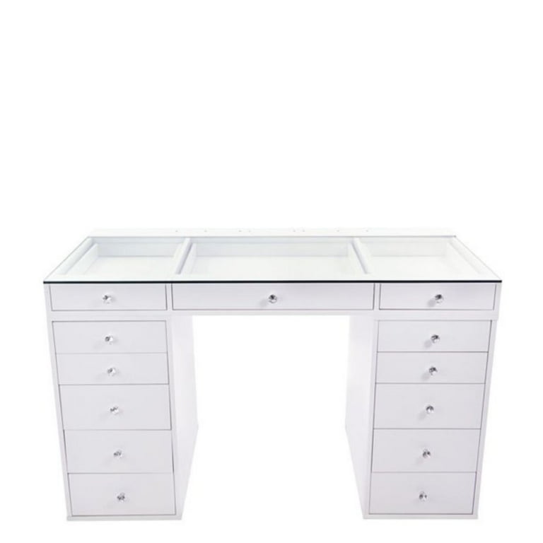Impressions Vanity Makeup Desk with Drawers SlayStation 2.0 Clear Glass Top Vanity Desk for Display Makeup Accessories Modern Dressing Table 13