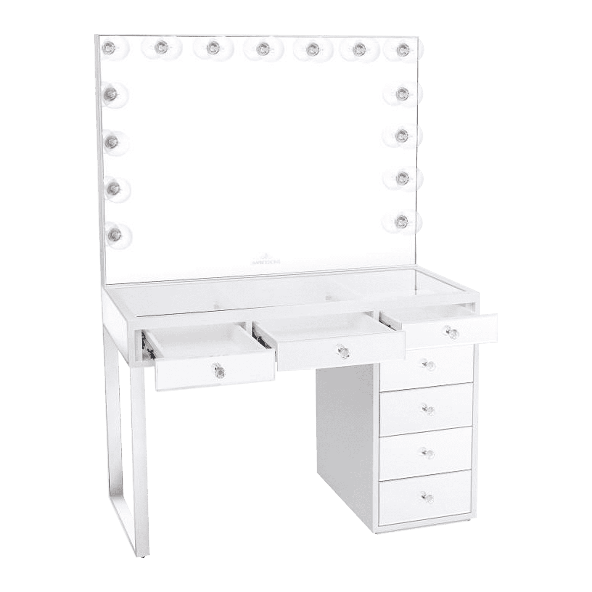 Impressions Vanity Desk SlayStation Plus 2.0 Clear Mirrored Tabletop and 5  Drawer Units Bundle for Makeup Vanity Mirror with Lights, Nail Table with