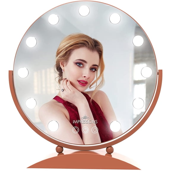 Impressions Vanity Mirror with Lights, Hollywood Sunset Tri Tone Makeup Mirror with LED Bulbs, Touch Control Desk Mirror, 360° Rotatable, Round Shape Cosmetic Mirror with Power Adapter (Rose Gold)