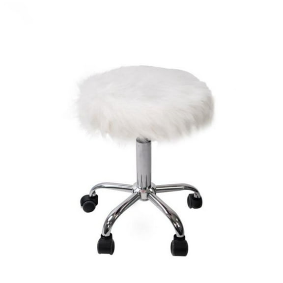 Impressions Vanity Momo Faux Fur Vanity Stool with Adjustable Height, Soft and Cozy Round Designed Seat with Wheels (White)