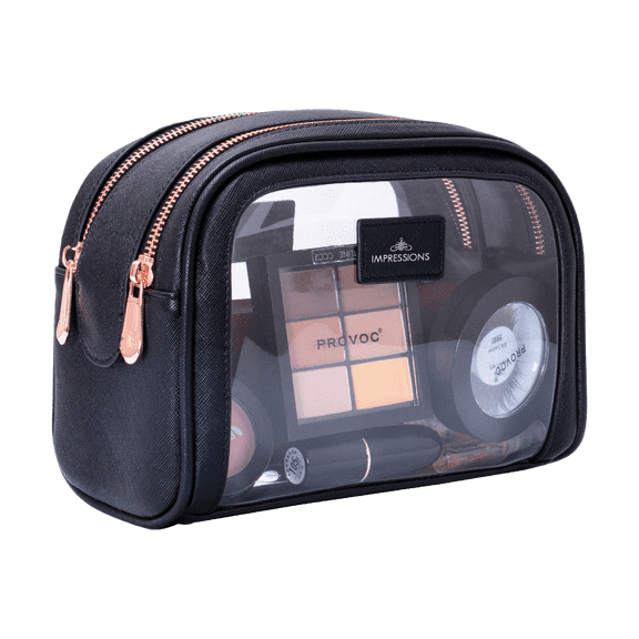 Impressions Vanity Monaco Double Zipper Makeup Train Case with Double Zipper, Center Divider (Black)