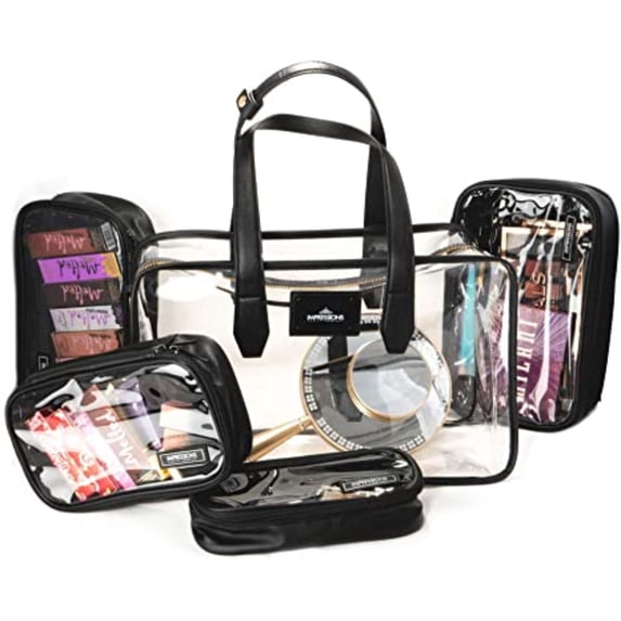 IMPRESSIONS Paris Transparent Makeup Case with Adjustable Shoulder Strap, Cosmetic Travel Case with 4 Different Size Pouches and Waterproof Material