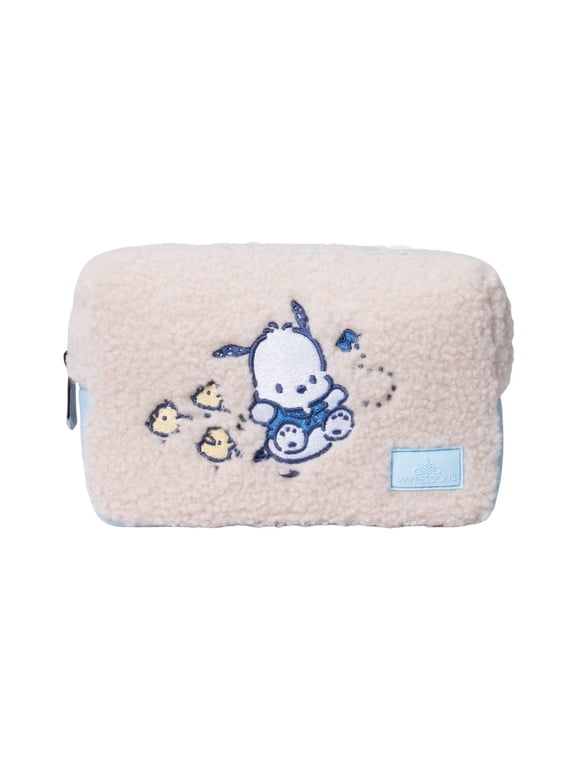 Impressions Vanity Pochacco Sherpa Travel Makeup Pouch with Outer Slip Pocket and Silver Hardware