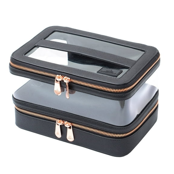 Impressions Vanity Santorini Train Case with Brush Holder, Durable Zippered Travel Case (Black)