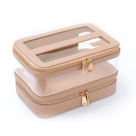 Impressions Vanity Santorini Train Case with Brush Holder, Travel Makeup Bag Organizer (Beige)