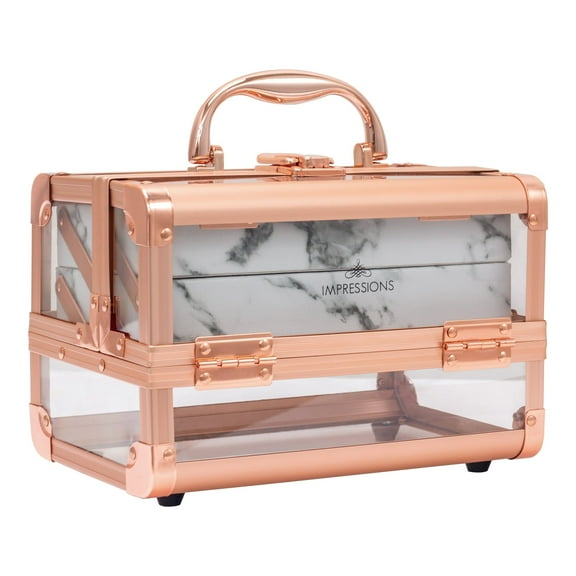 Impressions Vanity Savvy Lux Makeup Travel Case with Flip Top Mirror (Rose Gold Clear White Marble)