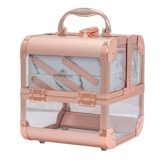 Impressions Vanity Savvy SlayCube Makeup Travel Case, Makeup Organizer with Mirror (Rose Gold Clear White Marble)