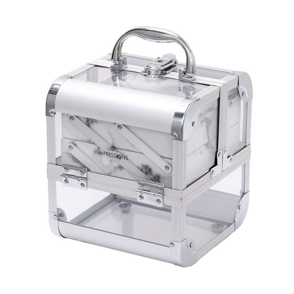 Impressions Vanity Savvy Slaycube Travel Makeup Case with Mirror (Silver Clear White Marble)